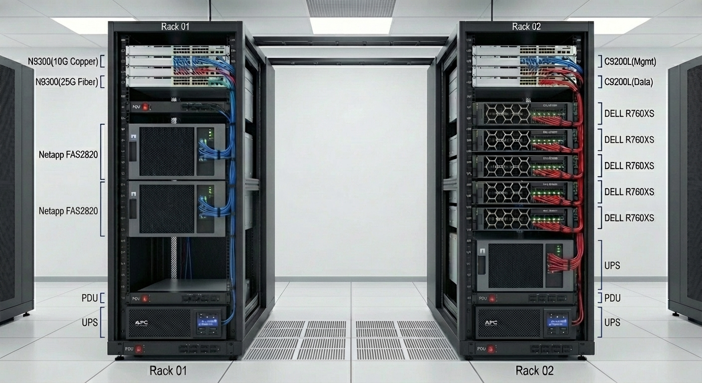 Rack 01 with dual Nexus 9300 switches and NetApp FAS2820 stacks and Rack 02 with dual Catalyst 9200L switches, Dell R760xs nodes, and NetApp storage.